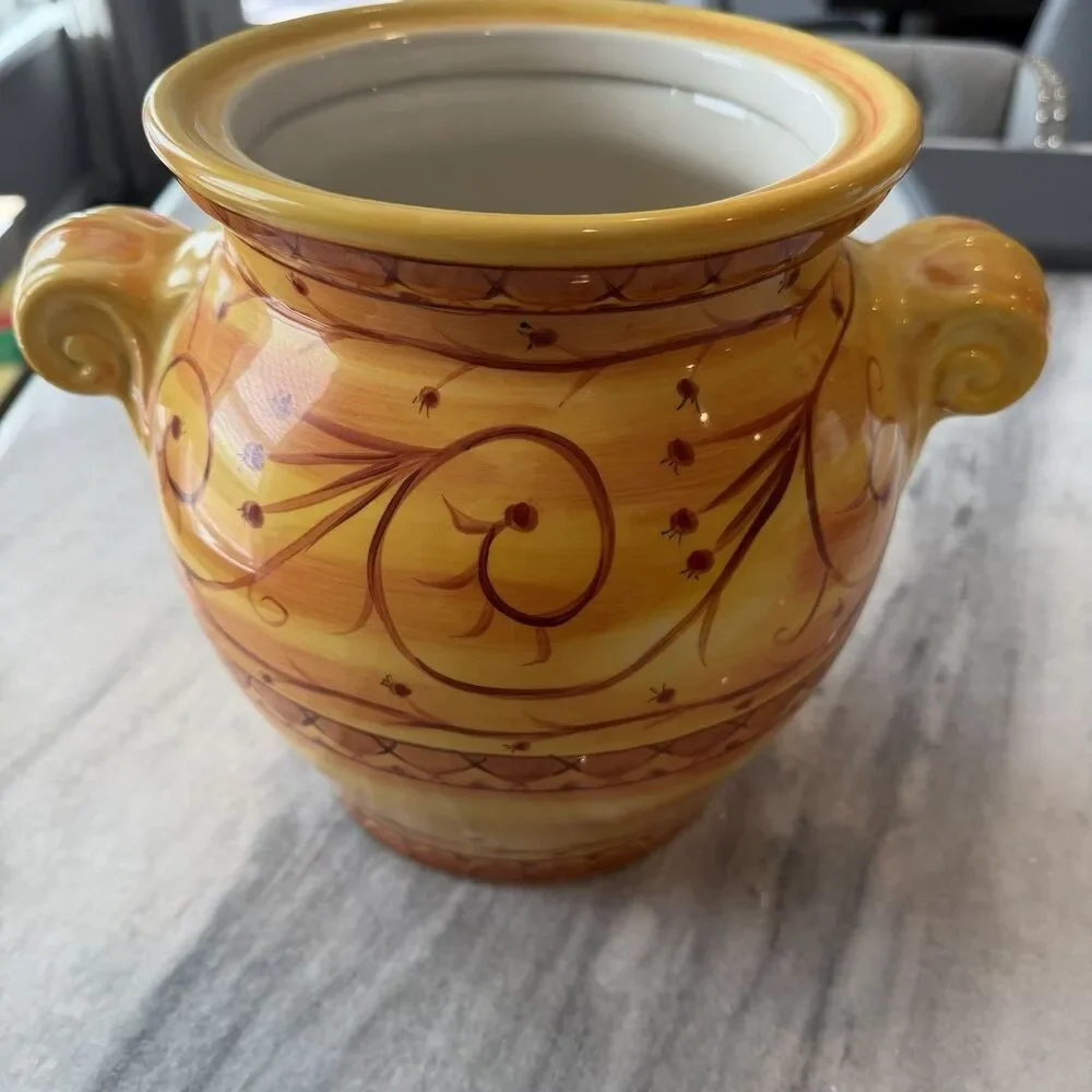 Pier 1 Hand-Painted Earthenware Karistan 11x12” Large Cookie Jar Crock With Lid